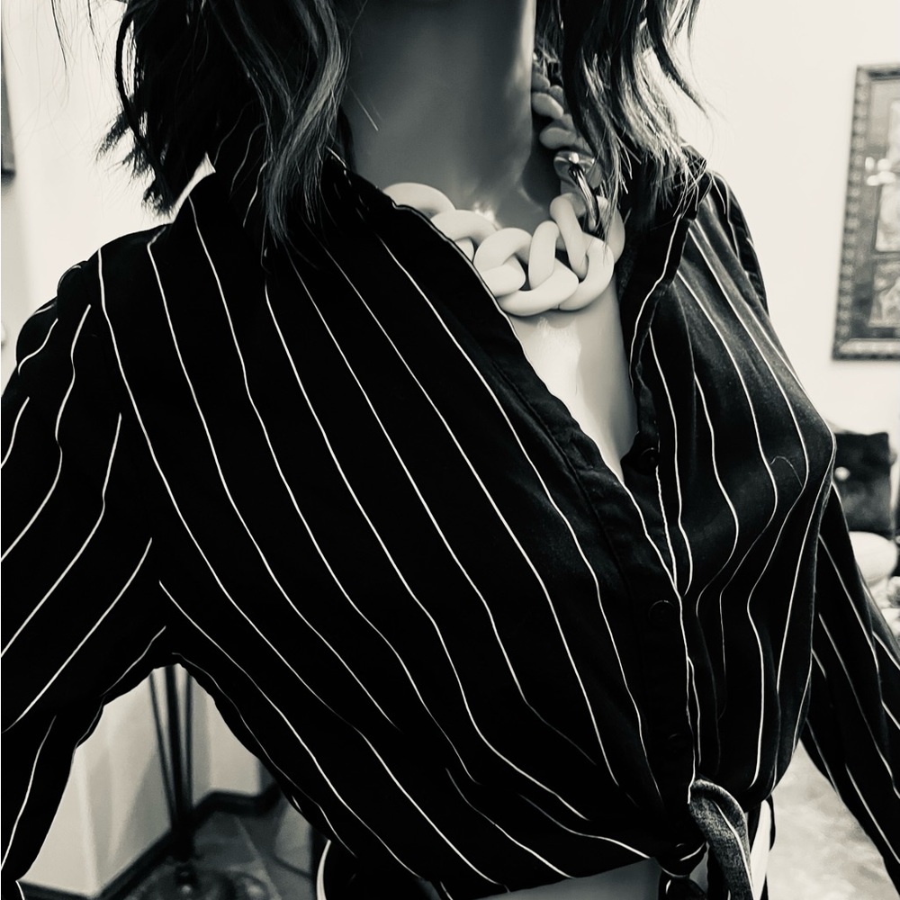 Black with white striped wast button up waist tie top.